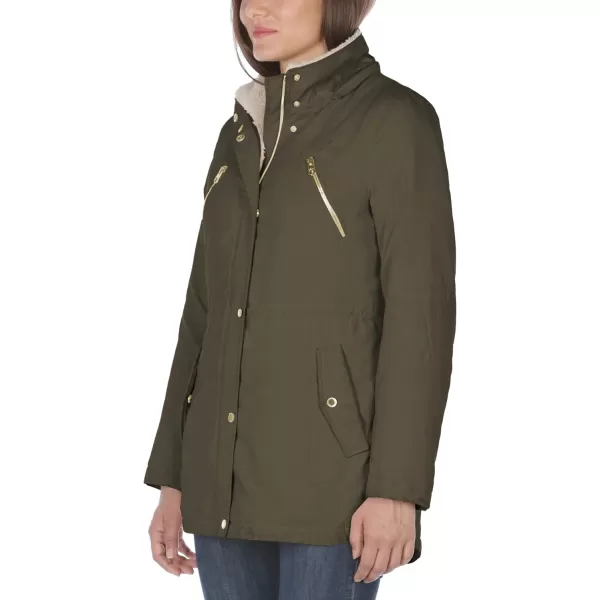 Nautica Womens Microfiber Parka Anorak Jacket with Faux Fur Hooded TrimOlive