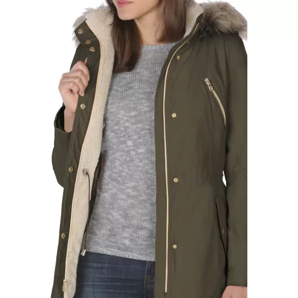 Nautica Womens Microfiber Parka Anorak Jacket with Faux Fur Hooded TrimOlive