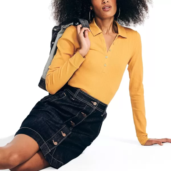 Nautica Womens Ribbed LongSleeve PoloEmpror Gold
