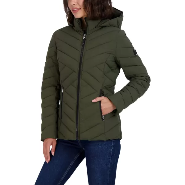 Nautica Womens Short Stretch Lightweight Puffer Jacket with Removeable HoodMilitary Green