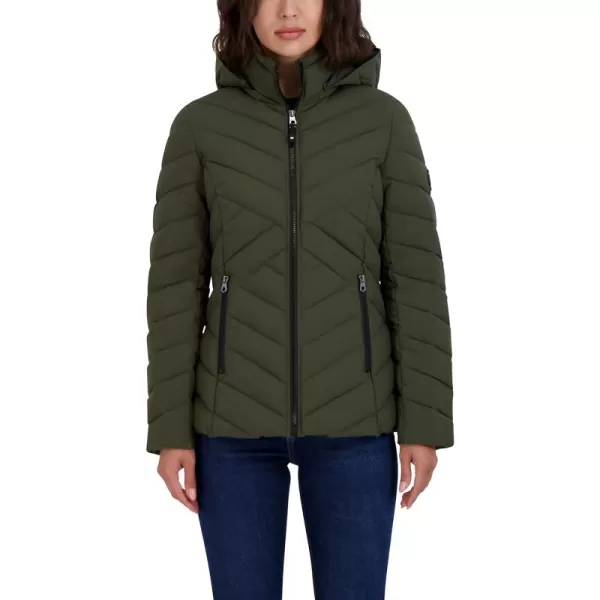 Nautica Womens Short Stretch Lightweight Puffer Jacket with Removeable HoodMilitary Green