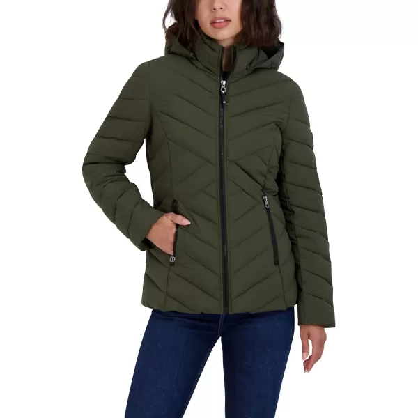 Nautica Womens Short Stretch Lightweight Puffer Jacket with Removeable HoodMilitary Green