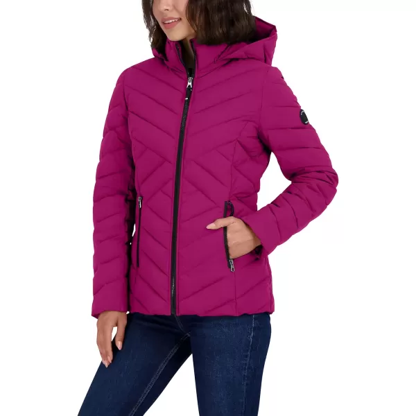 Nautica Womens Short Stretch Lightweight Puffer Jacket with Removeable HoodRaspberry