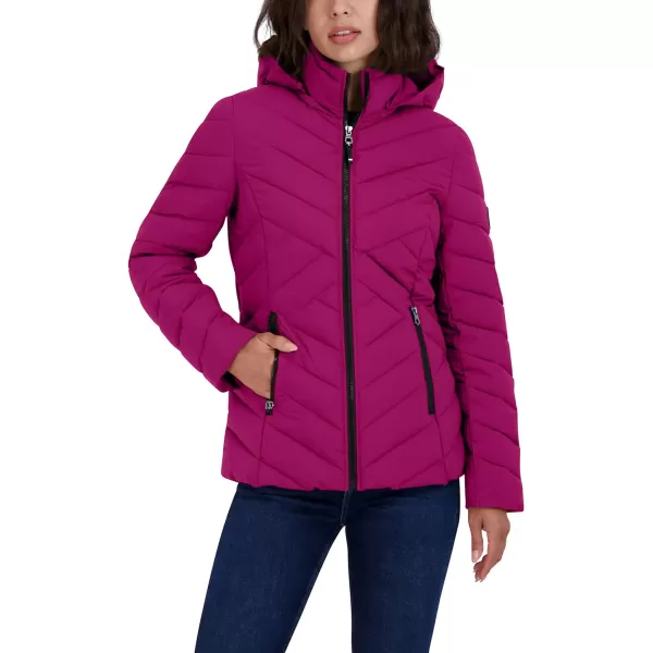 Nautica Womens Short Stretch Lightweight Puffer Jacket with Removeable HoodRaspberry