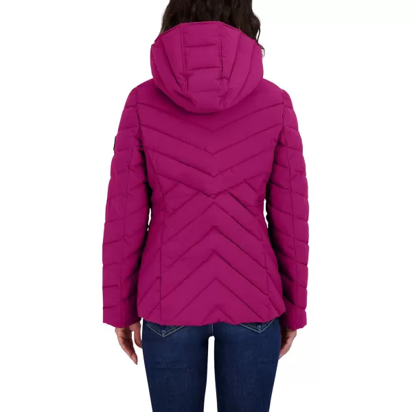 Nautica Womens Short Stretch Lightweight Puffer Jacket with Removeable HoodRaspberry