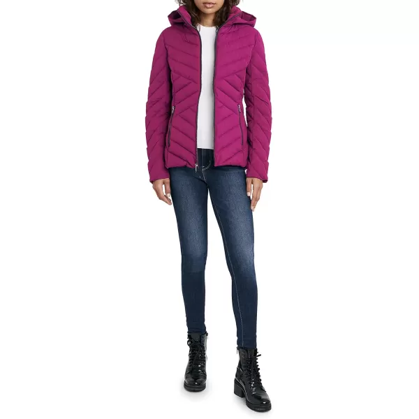 Nautica Womens Short Stretch Lightweight Puffer Jacket with Removeable HoodVintage Raspberry