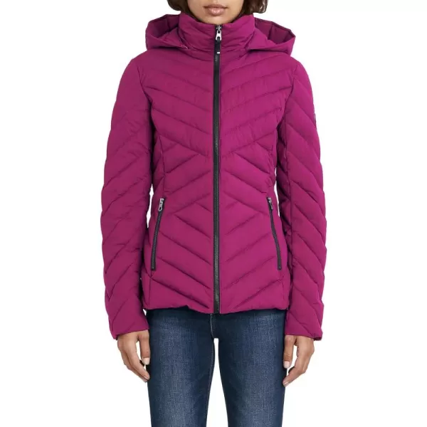 Nautica Womens Short Stretch Lightweight Puffer Jacket with Removeable HoodVintage Raspberry