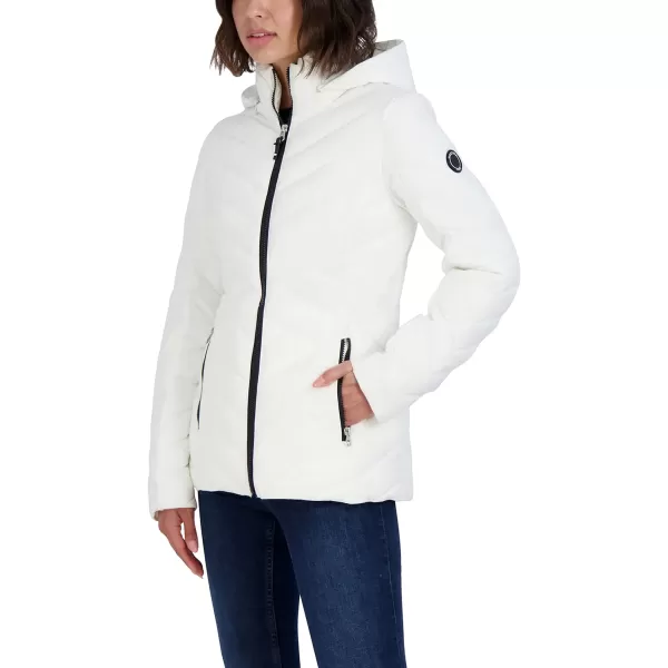 Nautica Womens Short Stretch Lightweight Puffer Jacket with Removeable HoodWinter White