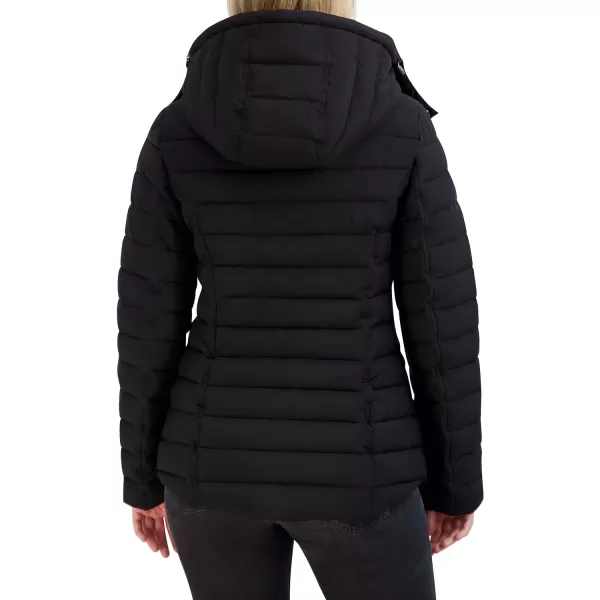 Nautica Womens Short Stretch Puffer Jacket with Fur HoodBlack