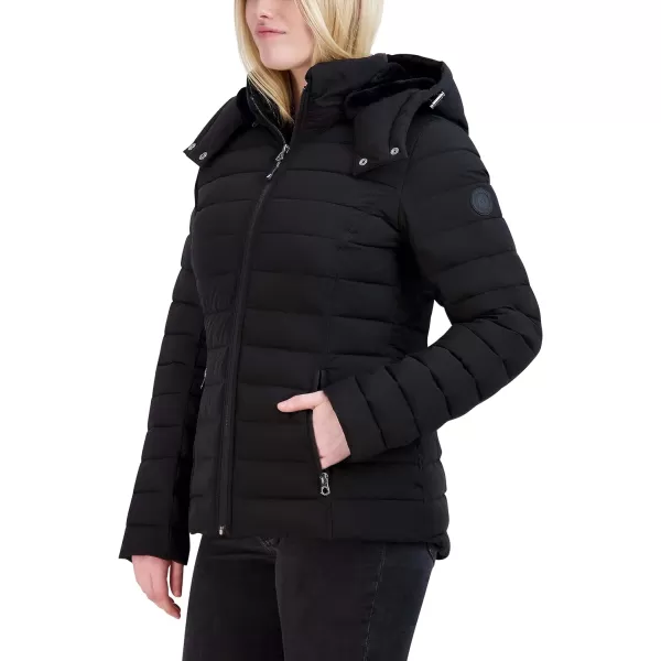 Nautica Womens Short Stretch Puffer Jacket with Fur HoodBlack