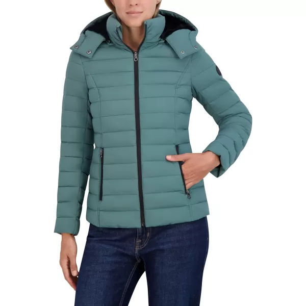 Nautica Womens Short Stretch Puffer Jacket with Fur HoodDeep Sea