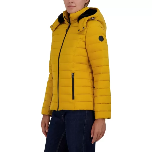 Nautica Womens Short Stretch Puffer Jacket with Fur HoodHarvest Yellow