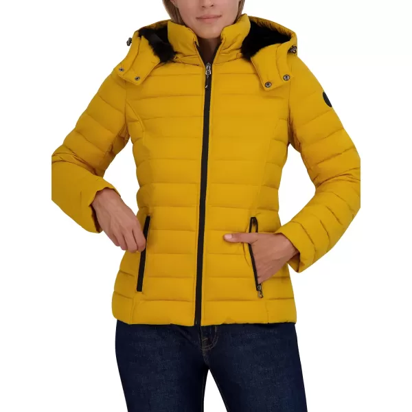 Nautica Womens Short Stretch Puffer Jacket with Fur HoodHarvest Yellow