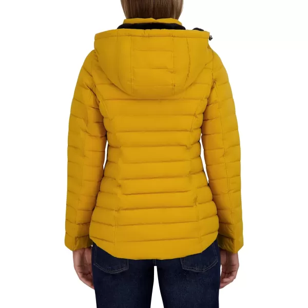 Nautica Womens Short Stretch Puffer Jacket with Fur HoodHarvest Yellow