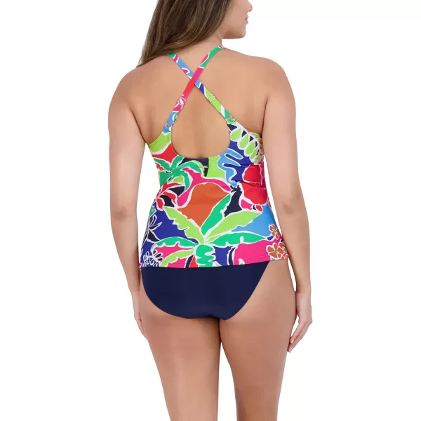 Nautica Womens Standard Crossback Halter Neck Tankini Tummy Control Removable Cup Adjustable Strap Swimsuit SetCocktail Multi