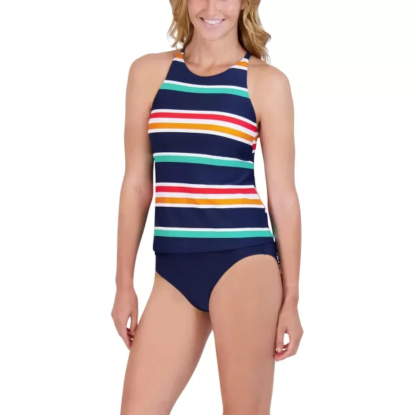 Nautica Womens Standard Crossback Halter Neck Tankini Tummy Control Removable Cup Adjustable Strap Swimsuit SetPrep Stripe Multi