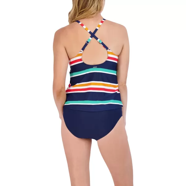 Nautica Womens Standard Crossback Halter Neck Tankini Tummy Control Removable Cup Adjustable Strap Swimsuit SetPrep Stripe Multi