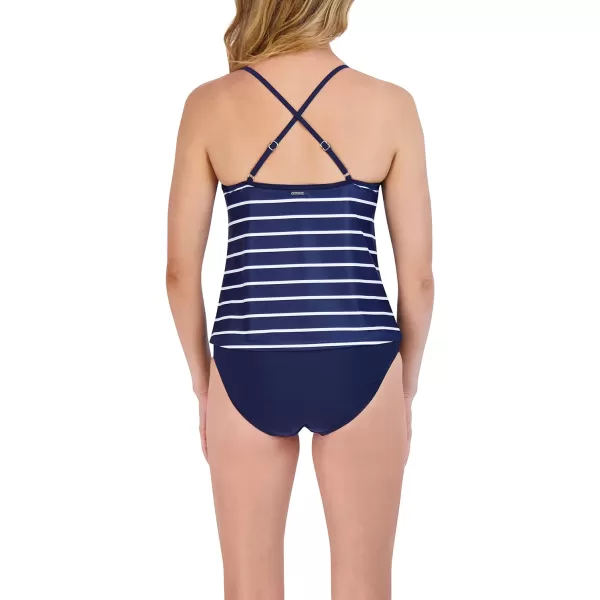 Nautica Womens Standard Crossback V Neck Tankini Tummy Control Removable Cup Adjustable Strap Swimsuit SetDeep Sea Stripe