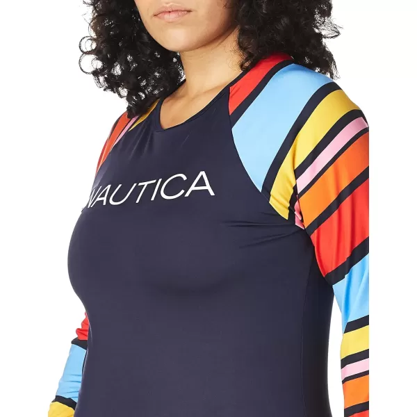 Nautica Womens Standard Long Sleeve Rashguard UPF 30 Uv Sun Protection Swim ShirtNewport Stripe