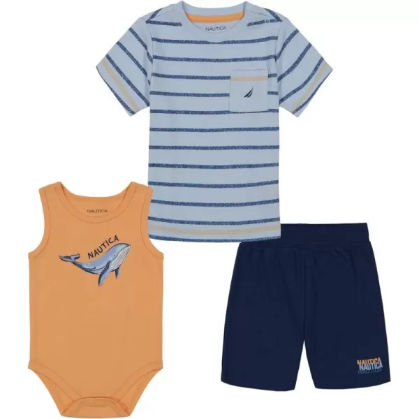 Baby Boys Nautica 3 Piece Bodysuit Top ShortOrange  Blue Stripe  Navy