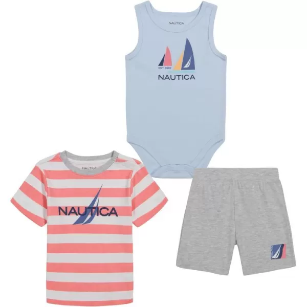 Baby Boys Nautica 3 Piece Bodysuit Top ShortRed Stripe  Heather  Blue