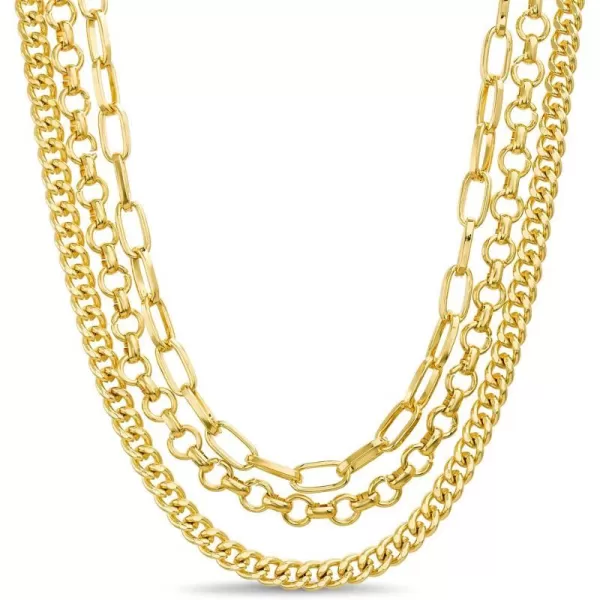 Nautica 14K Gold Plated Alloy Necklace  Three Row Layered Cable Rolo Curb Chain Necklace for WomenYellow