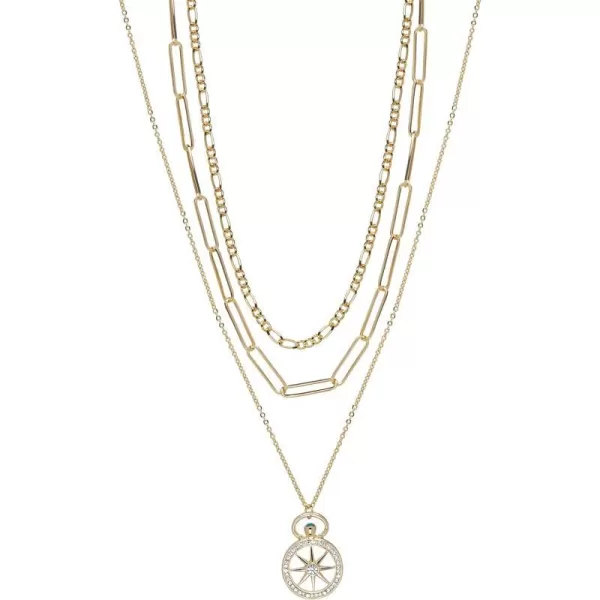 Nautica 14K Gold Plated Brass Necklace  Three Row Layered Pendant Chain Necklace for WomenCompass