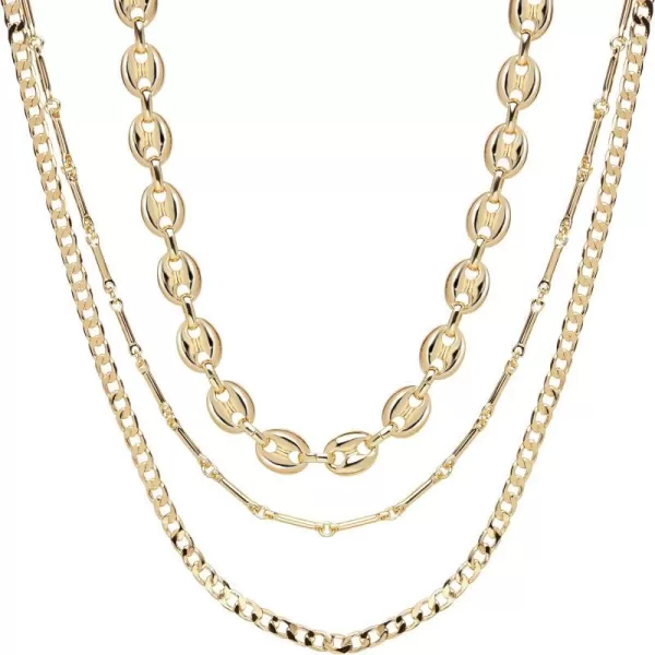 Nautica 14K Gold Plated Brass Necklace  Three Row Layered Statement Chain Necklace for WomenYellow Puffy LinkCurb Chain