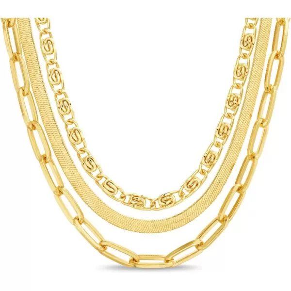 Nautica 14K Gold Plated Brass Necklace  Three Row Layered Statement Chain Necklace for WomenYellow SwirlHerringbonePaperclip