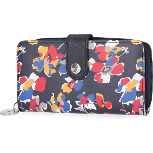 Nautica Be Shore Womens Wallet RFID Blocking Zip Around Clutch Black BuffFloating Floral Indigo