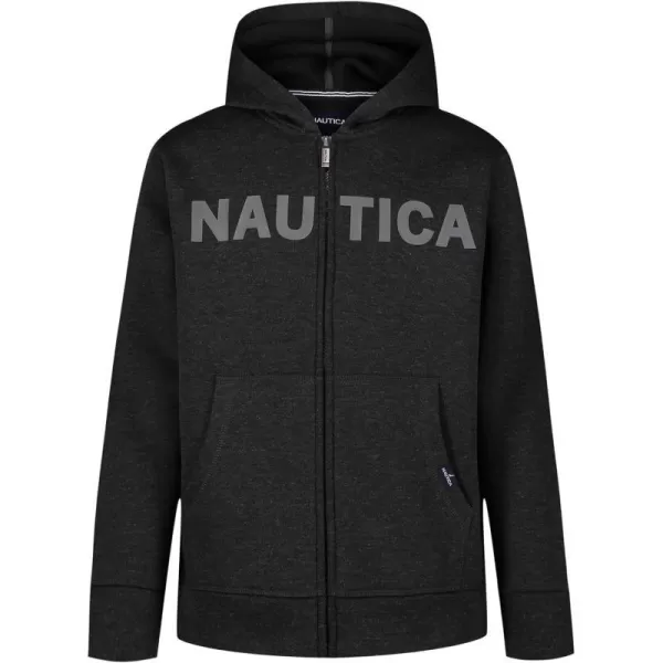 Nautica Boys Long Sleeve Fleece Full Zip HoodieCoal Heather Front Logo