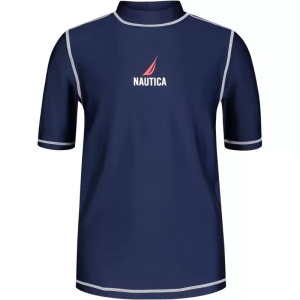 Nautica Boys Short Sleeve Swim Rashguard with UPF 50 Sun ProtectionJ NavyRed Logo