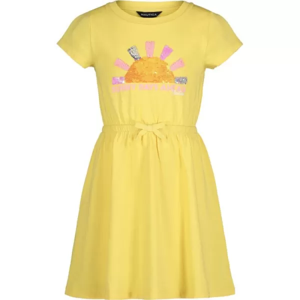 Nautica Girls Short Sleeve Jersey Tee Dress with Elastic Cinched Waist Fun Designs  ColorsAspen Gold