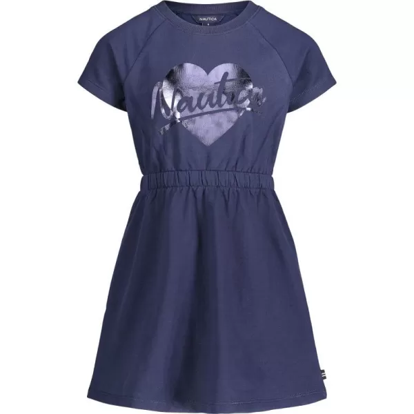 Nautica Girls Short Sleeve Jersey Tee Dress with Elastic Cinched Waist Fun Designs  ColorsPeacoat 02