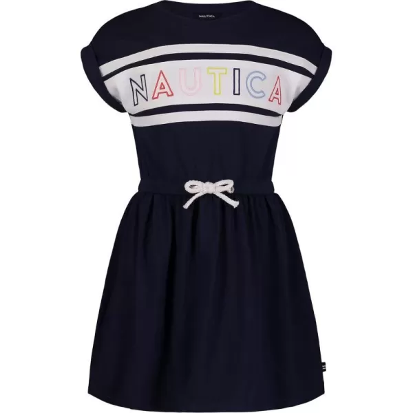 Nautica Girls Short Sleeve Jersey Tee Dress with Elastic Cinched Waist Fun Designs  ColorsPeacoat Billboard