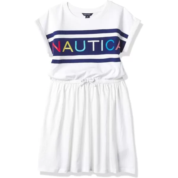 Nautica Girls Short Sleeve Jersey Tee Dress with Elastic Cinched Waist Fun Designs  ColorsWhite