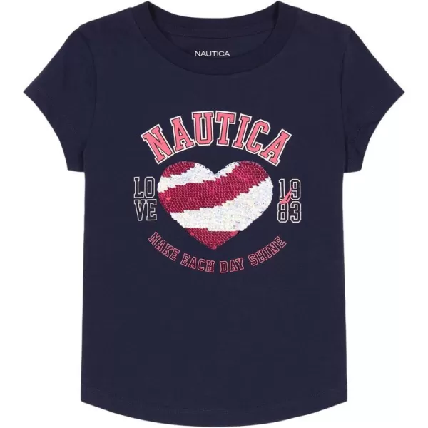 Nautica Girls Short Sleeve TShirt with Flip Sequin Design Cotton Tee with Tagless InteriorPeacoat Heart Shine