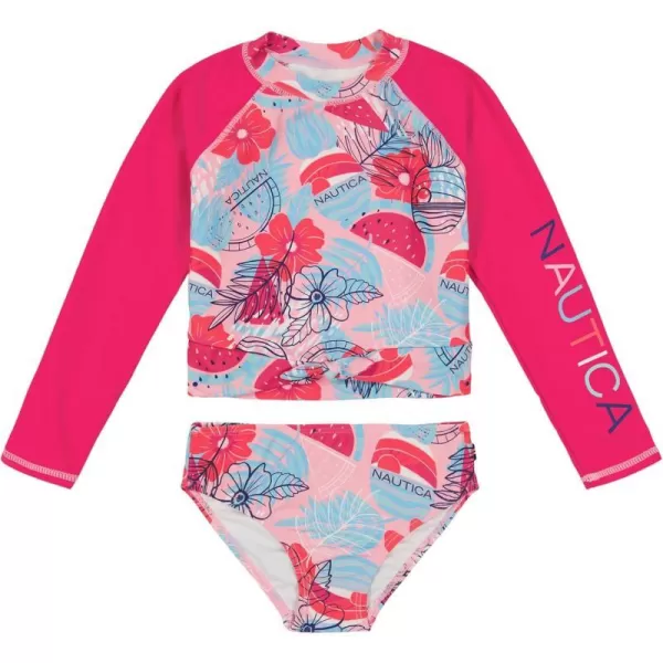 Nautica Girls TwoPiece Rashguard Swimsuit Set UPF 50 Sun Protection QuickDry Bathing SuitBeetroot Floral Fruit