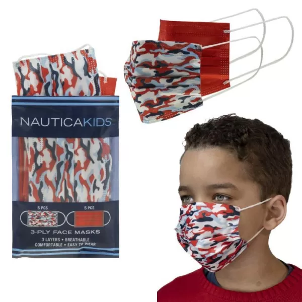 Nautica Kids 3Ply Disposable Face Masks Starry EyedCoral Solid Travel Pack 10 MasksCamo AmericanaRed Solid