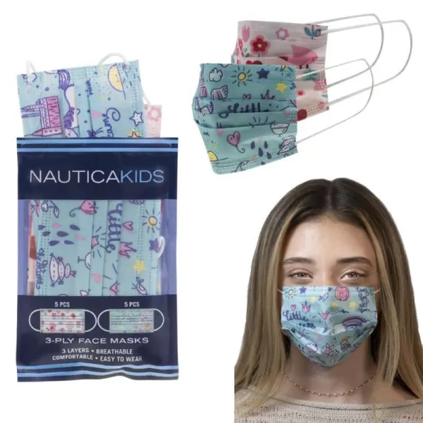 Nautica Kids 3Ply Disposable Face Masks Starry EyedCoral Solid Travel Pack 10 MasksPinkLittle Princess Teal