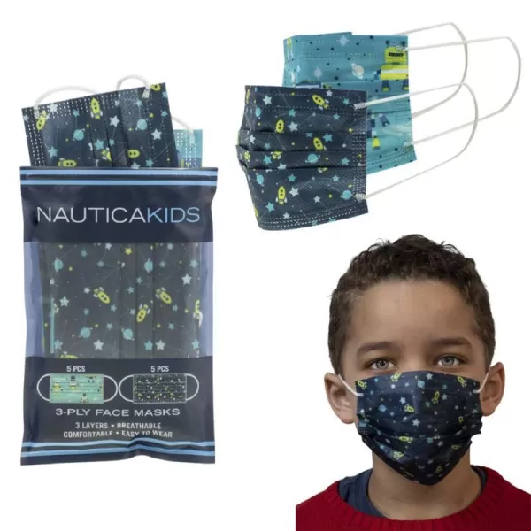 Nautica Kids 3Ply Disposable Face Masks Starry EyedCoral Solid Travel Pack 10 MasksSpace RobotsSpace Explorer