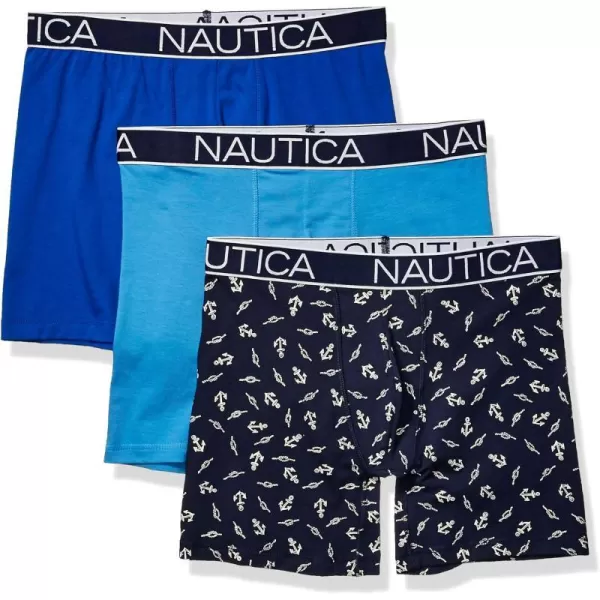 Nautica Mens 3 Pack Cotton Stretch Boxer BriefAero BlueSea CobaltAnchor Printpeacoat