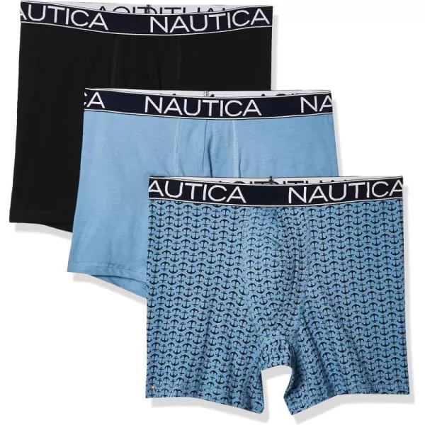 Nautica Mens 3 Pack Cotton Stretch Boxer BriefBlackAero BlueAnchor Printaero Blue