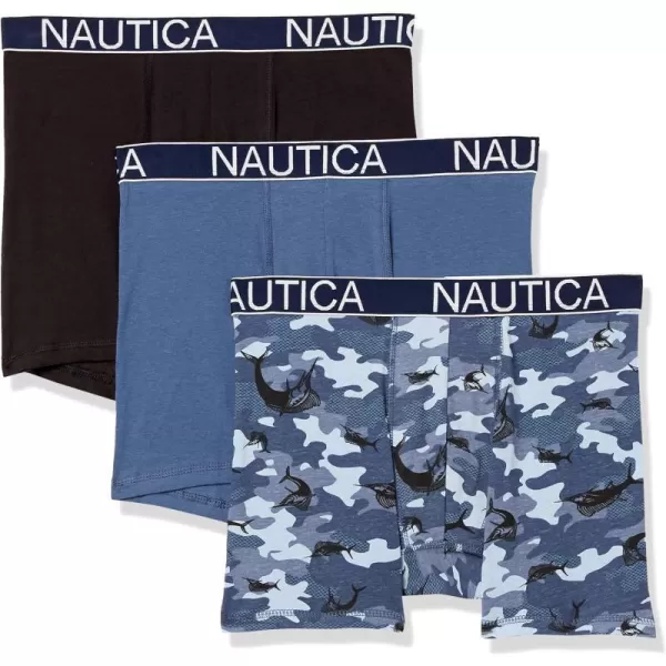 Nautica Mens 3 Pack Cotton Stretch Boxer BriefBlackVintage IndigoSwordfish Camo Vintage Indigo