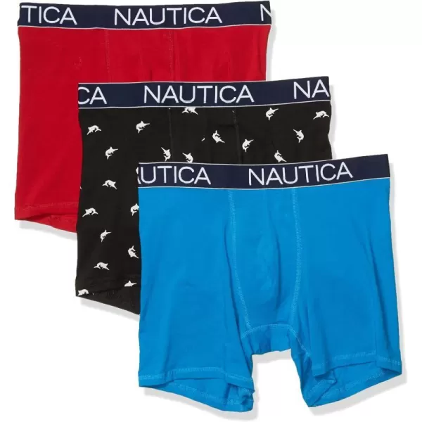 Nautica Mens 3 Pack Cotton Stretch Boxer BriefNautica RedCapriSwordfish Print Black