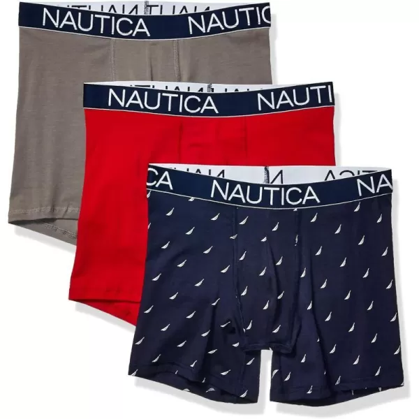 Nautica Mens 3 Pack Cotton Stretch Boxer BriefNautica RedPlatinum GreySail Printpeacoat