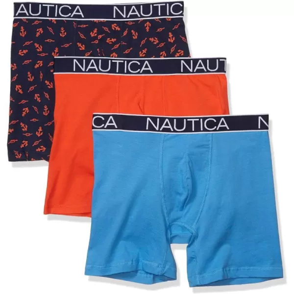 Nautica Mens 3 Pack Cotton Stretch Boxer BriefOrange PoppyAero BlueAnchorpeacoat