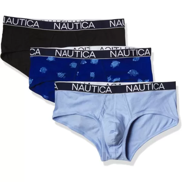 Nautica Mens 3 Pack Cotton Stretch BriefBlackCoastal SkyFish Printwindsurf