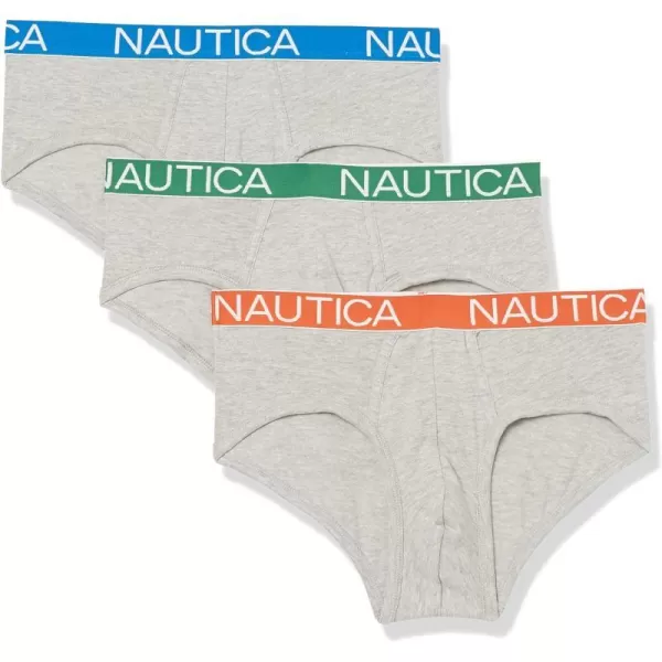 Nautica Mens 3 Pack Cotton Stretch BriefHeather Grey  OrangePro BlueGreen Waistband