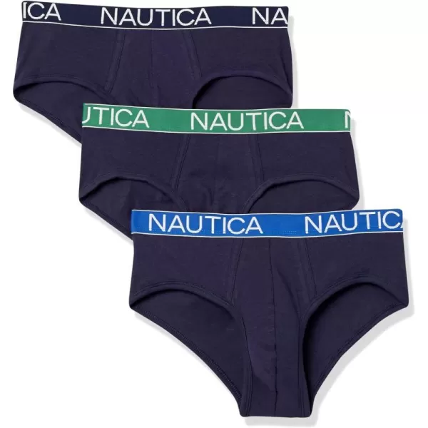 Nautica Mens 3 Pack Cotton Stretch BriefPeacoat  PeacoatGreenCobalt Waistband